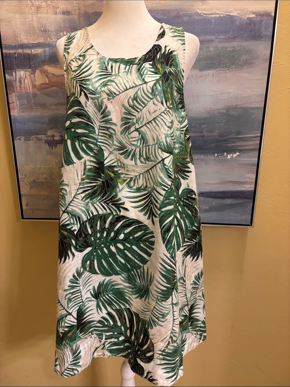Tahari Green and White Tropical Leaf Sleeveless Mini Dress